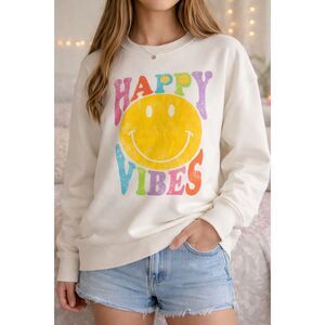 Art Class Happy Vibes Smiley Sweatshirt Girls XL (14) Cream Crewneck Pullover #5